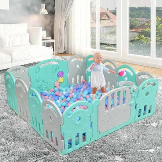 14-Panel Baby Playpen with Music Box & Basketball Hoop-Light Green