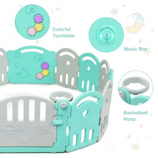 14-Panel Baby Playpen with Music Box & Basketball Hoop-Light Green