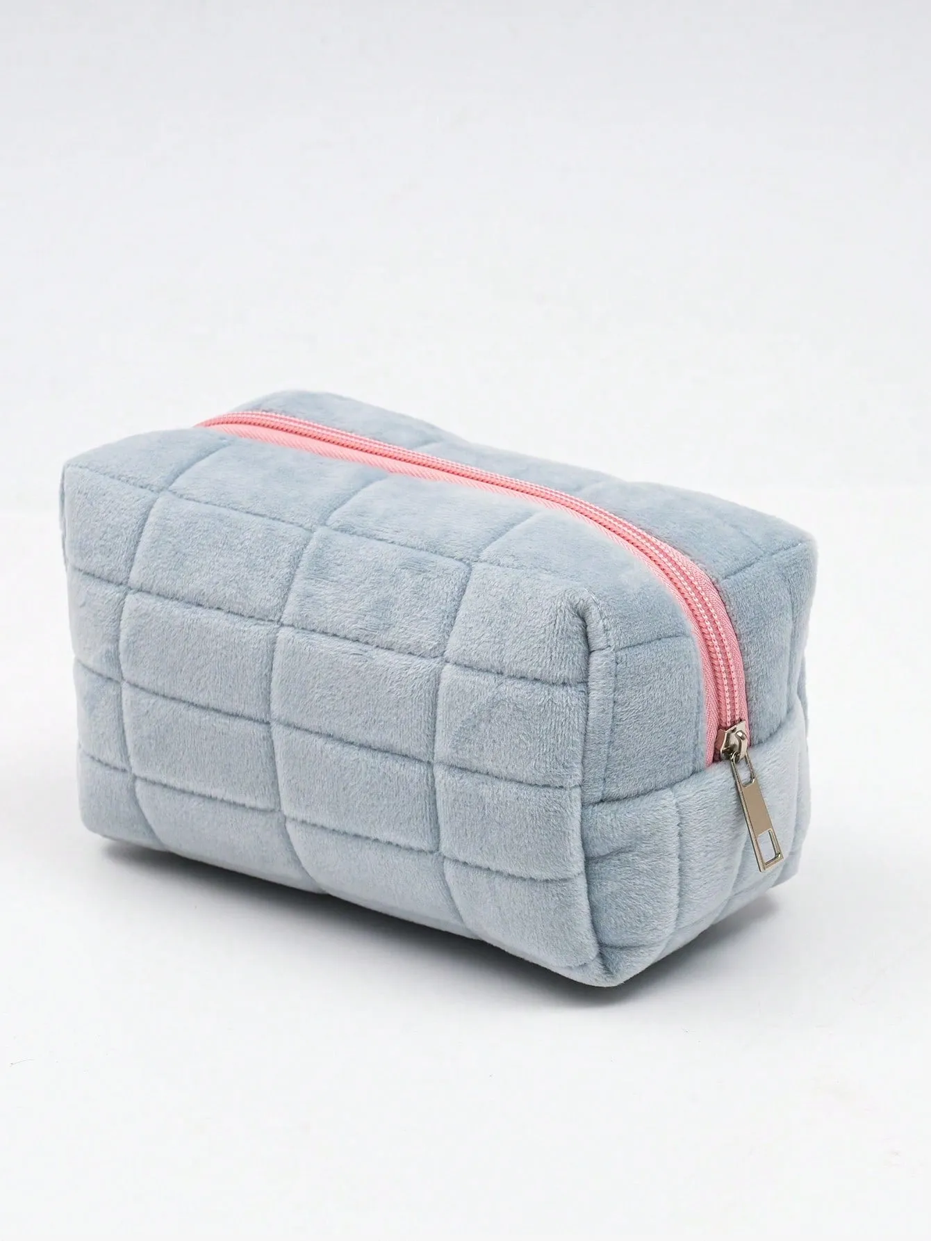 Blue Plush Minimalist Square Makeup Bag Cosmetic Organizer Toiletries Bag Makeup