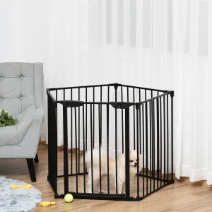 Pet Safety Gate 5-Panel Playpen Fireplace Christmas Tree Metal Fence Stair Barrier Room Divider with Walk Through Door Automatically Close Lock Black